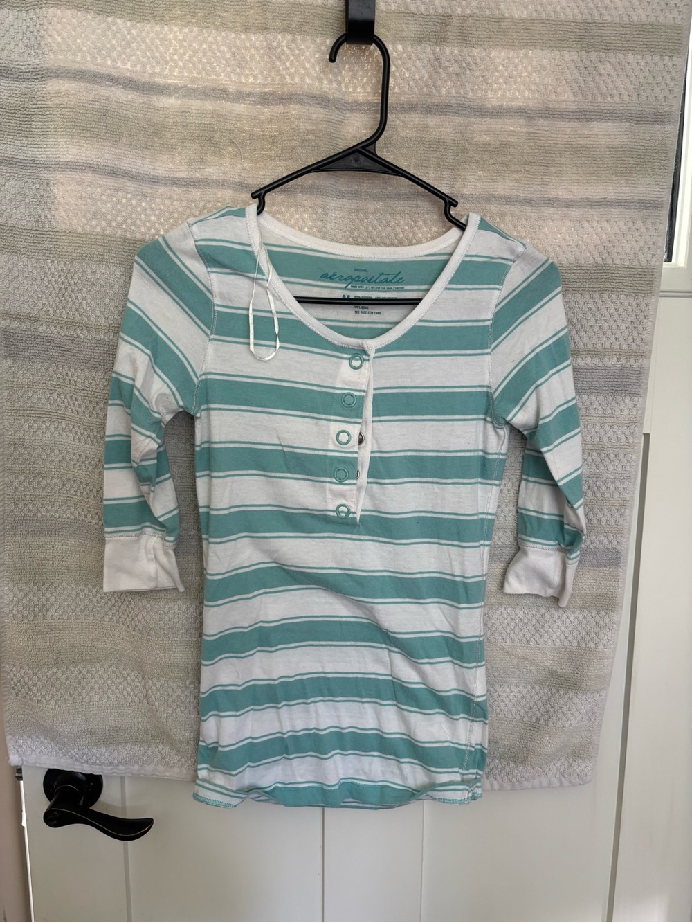 Aeropostale Teal & White Striped Henley Tee